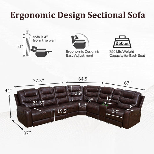 6-Seat Power Recliner Sectional LED, Leather, USB-1