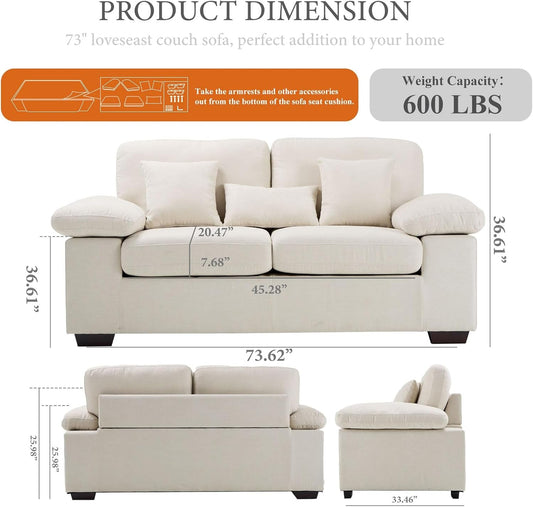 Living Room Loveseat Sofa Couch, 73" Love Seat Couch Sofa, Upholstered Chenille Living Room Sofa with Extra 3 Pillows, Removable Back Cushion-Beige-1