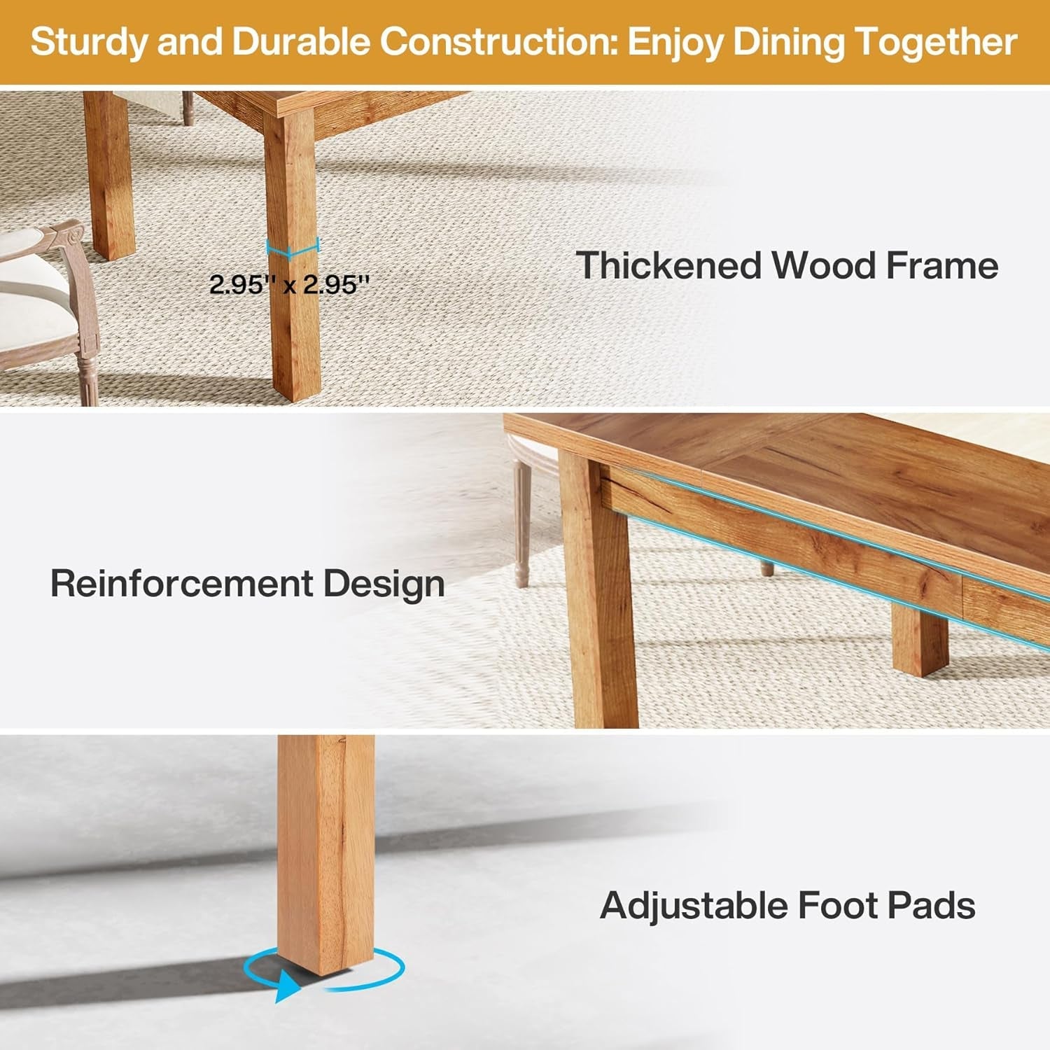 70.87" Wood Dining Table for 6-8 People, Modern Large Rectangle Kitchen Table, Farmhouse Dinner Table Dining Room Table Kitchen & Dining Room Furniture with Thickened Legs-4