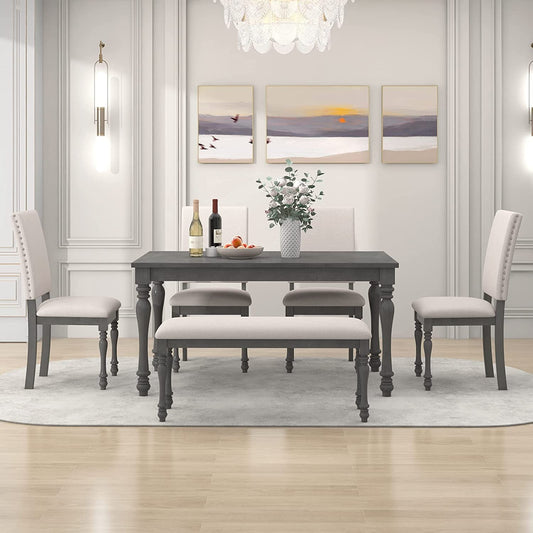French Style 6-Piece Dining Table Set with Bench, Gray-1