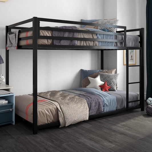 Miles Low Metal Bunk Bed Frame for Kids, with Built-In Ladder, High Guardrail and Metal Slats, Floor Bed Bottom Bunk, No Boxspring Required, for Small Spaces, Twin-Over-Twin, Black-0