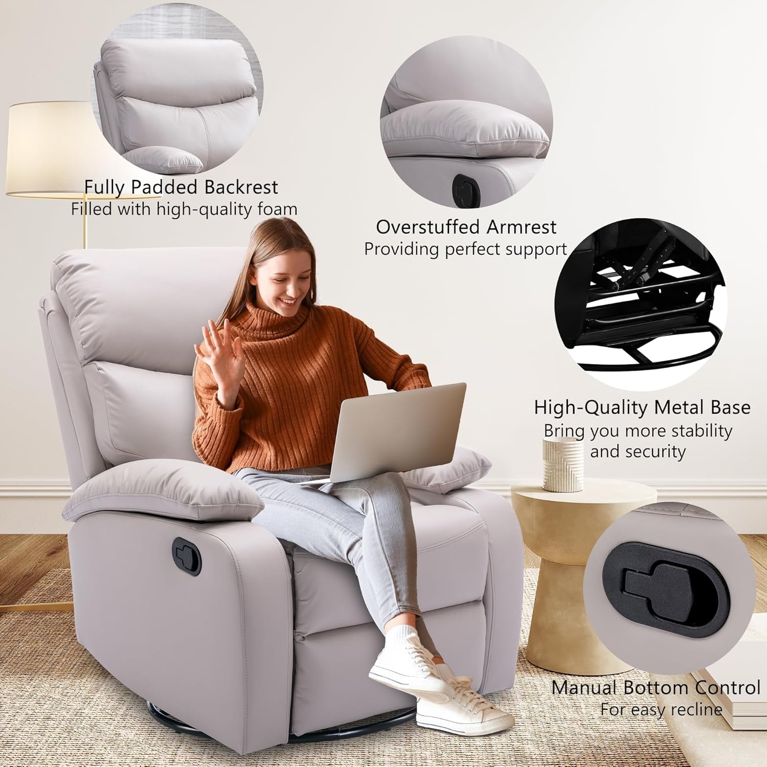 Swivel Rocker Recliner Chair for Adults, Rocking Recliner Chair, Rocker Recliners for Small Spaces, Manual Recliner Lazyboy Single Sofa for Living Room, Nursery, RV, Beige-2