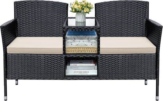 Patio Loveseat Outdoor Wicker Furniture Conversation Set with Soft Cushions & Built-In Coffee Table for Lawn Garden Backyard, Beige-0