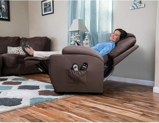 Power Lift Recliner Chair PU Leather with Massage for Elderly Ergonomic Lounge Chair Classic Single Sofa with 2 Cup Holders Side Pockets Home Theater Seat (Leather, Brown)-0