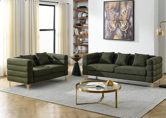 Sofa, 2 Pieces Sofa Set,Oversize 2/3 Seater Extra Deep Seat Sofa,Modern Upholstered Futon Sofa Couch, Comfy Teddy Bouclé Cloud Sofa,Furniture for Living Room,Bedroom,Office,Apartment(Green)-0