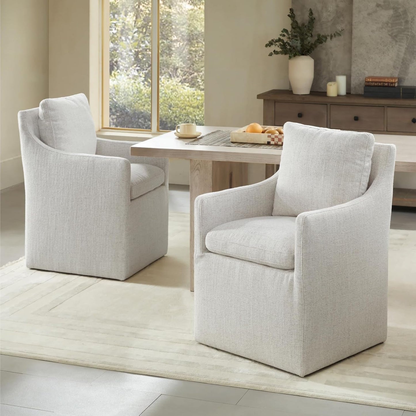 Upholstered Dining Chairs with Casters No Assembly Modern Accent Armchair with Rollers for Diningroom Bedroom Livingroom Reading Room,2 Pcs,Linen-1