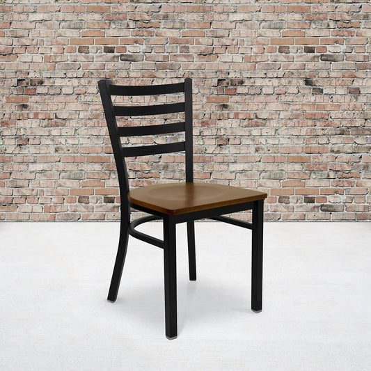 2 Pack HERCULES Series Black Ladder Back Metal Restaurant Chair - Cherry Wood Seat-1