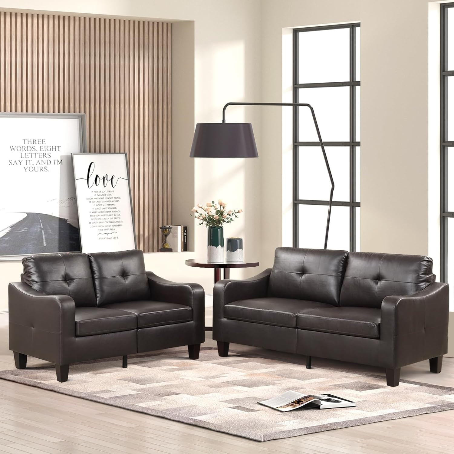 2 Piece Living Room Sofa Set, Wood Frame and Sturdy Legs, Modern Upholstered Sofa Sets with 3-Seat Couch and Faux Leather Loveseat Sofa for Living Room and Bedroom, Dark Brown-0