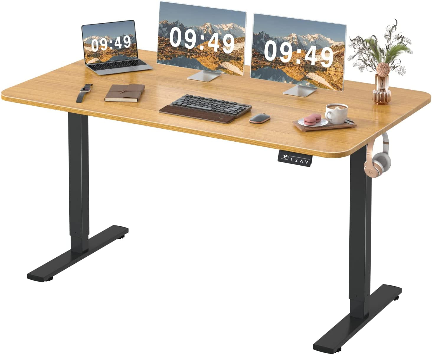Electric Height Adjustable Standing Desk Large 55 X 24 Inches Sit Stand up Desk Home Office Computer Desk Memory Preset with T-Shaped Metal Bracket, Maple-0