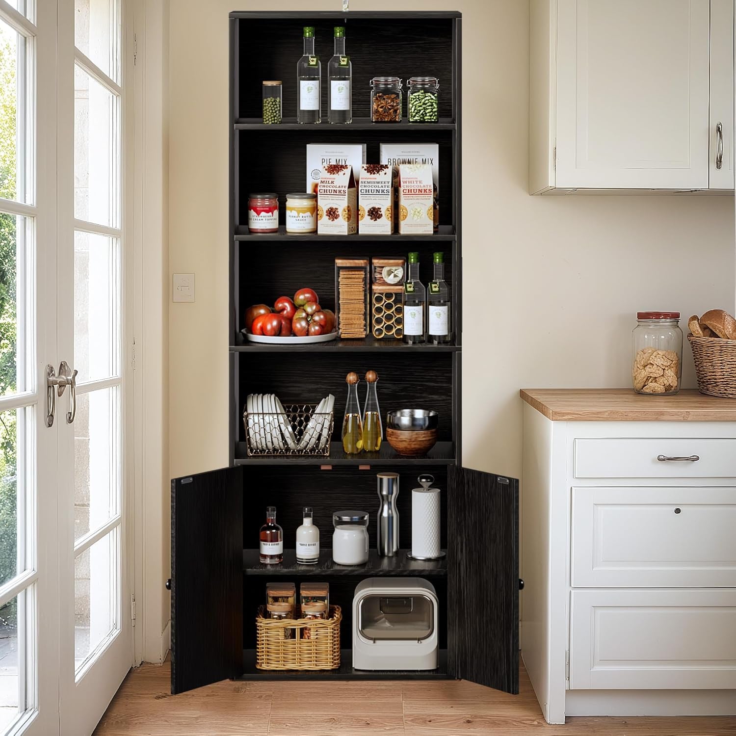 Industrial Bookshelf and Bookcases with Doors Modern Bookshelf Cabinet Tall Bookshelf Storage for Home Office, Bedroom (Black)-1