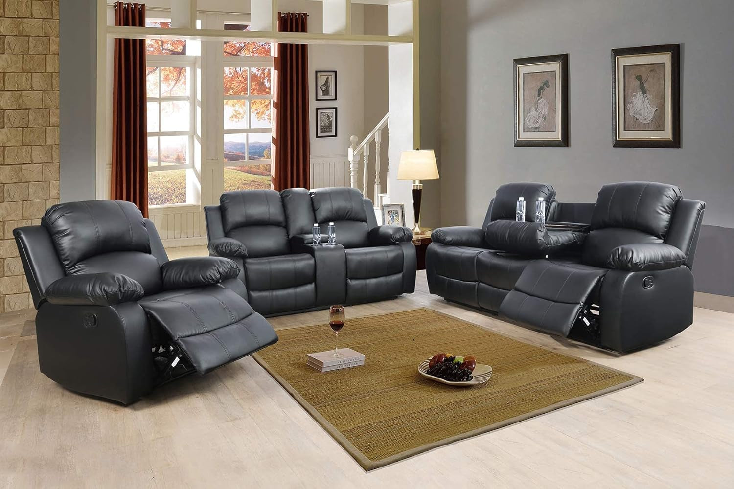 3 PCS Living Room Set, Faux Leather Recliner Sofa Set, Recliner Sofa Couch, Loveseat and Chair (Black)-0