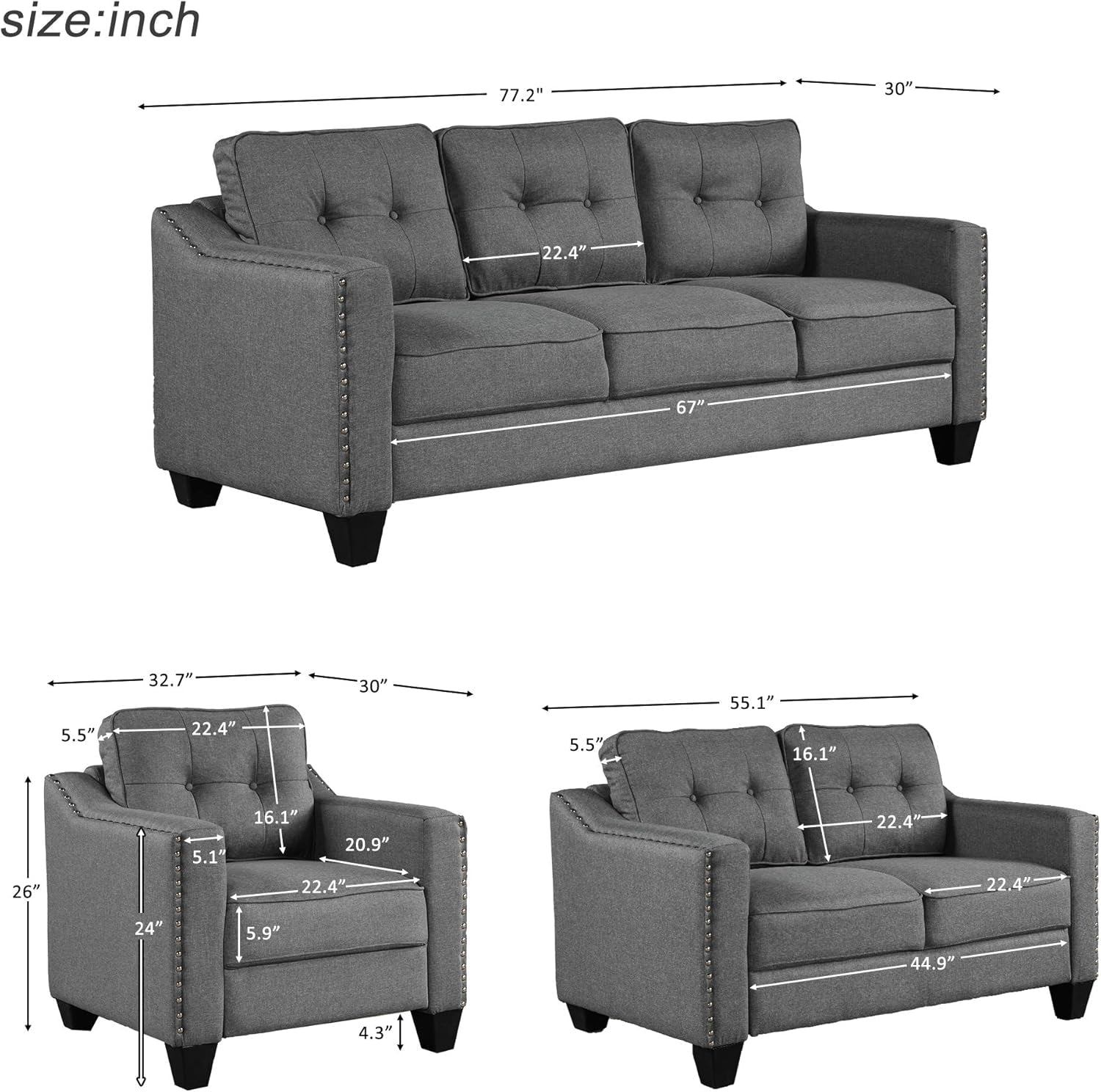 3 Piece Linen Upholstered Living Room Furniture Sets Including Three Seater Sofa & Loveseat & Single Armchair with Button Tufted Cushion Back and Nailhead Trim for Apartment/Bedroom-3