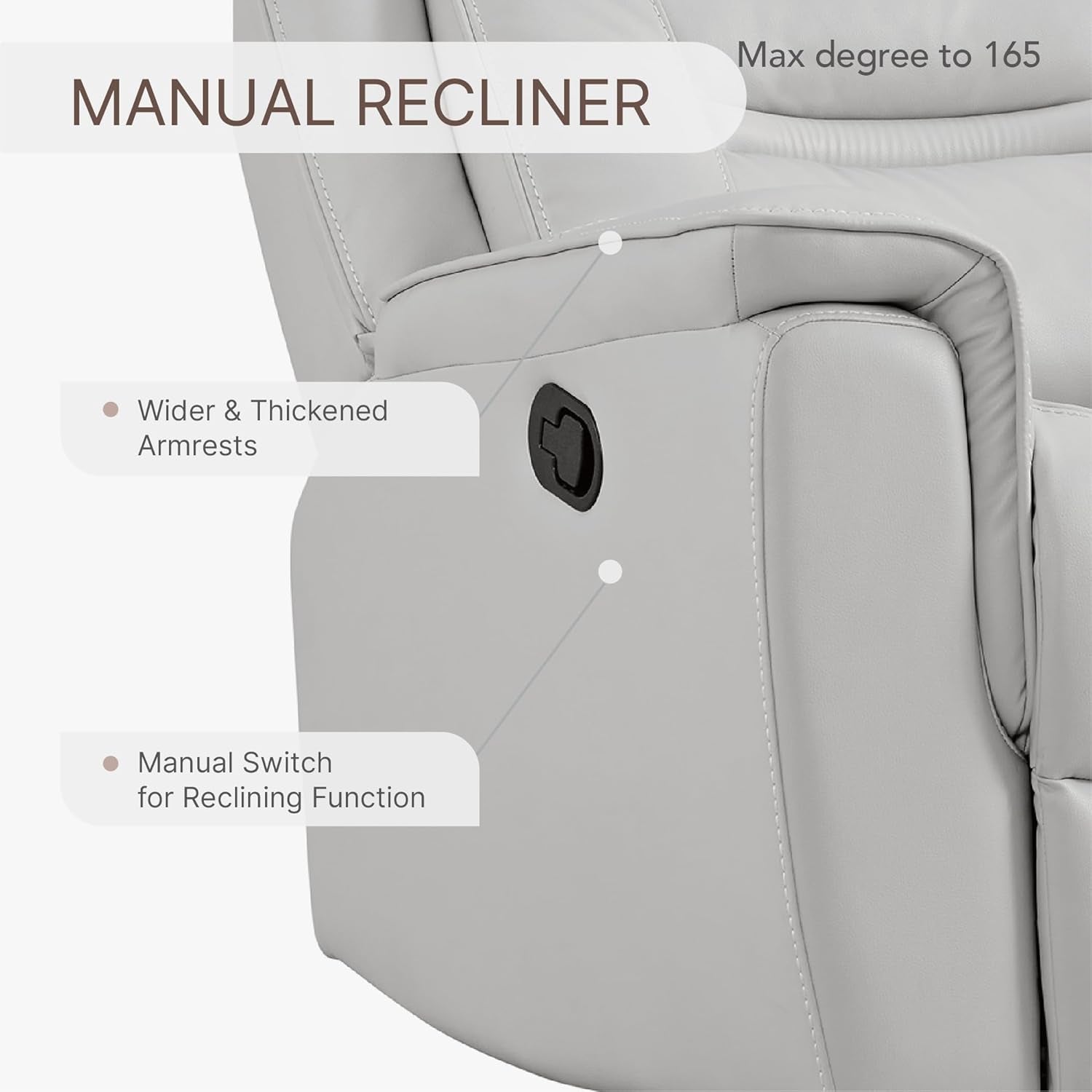 Leather Recliner Chair Faux Swivel Rocker for Adults Manual Sofa for Living Room Bedroom Home Theater Seating,Light Grey-4