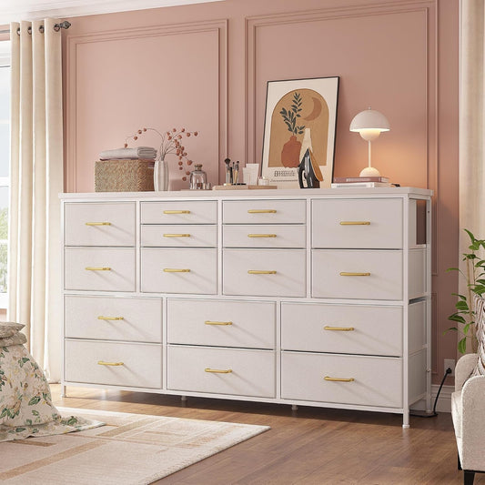 Dresser TV Stand with Power Outlet & USB White Dresser for Bedroom with 16 Drawers TV Stands for Living Room TV Stand with Storage for Bedroom,Media TV Console Table 51.1''W*11.8''D*34.8''H-0