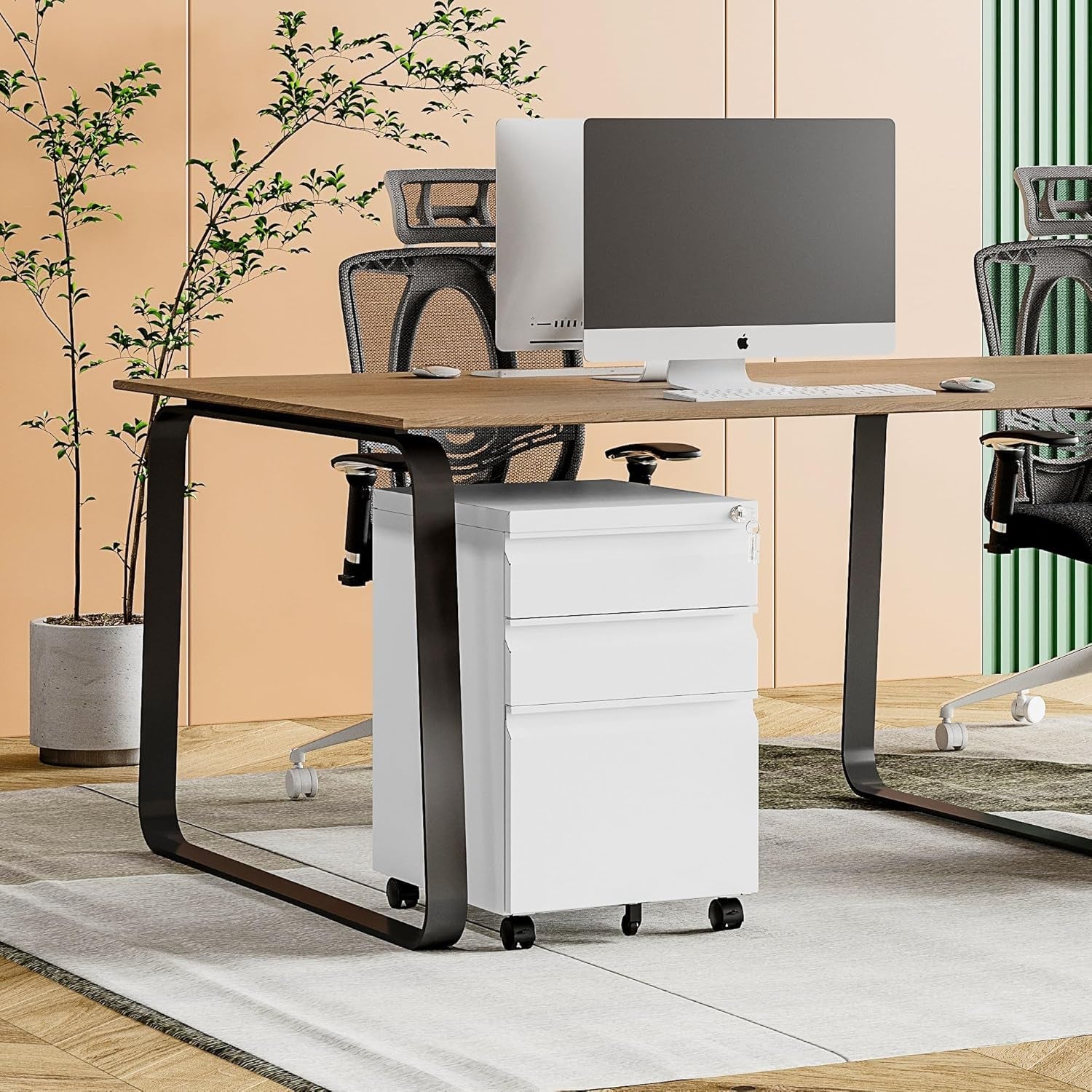 White Filing Cabinet 3 Drawers on Wheels under Desk, Metal Rolling File Cabinet with Lock for Home Office, Small Mobile File Cabinet for Letter Legal File Folders, Un-Assembled-4