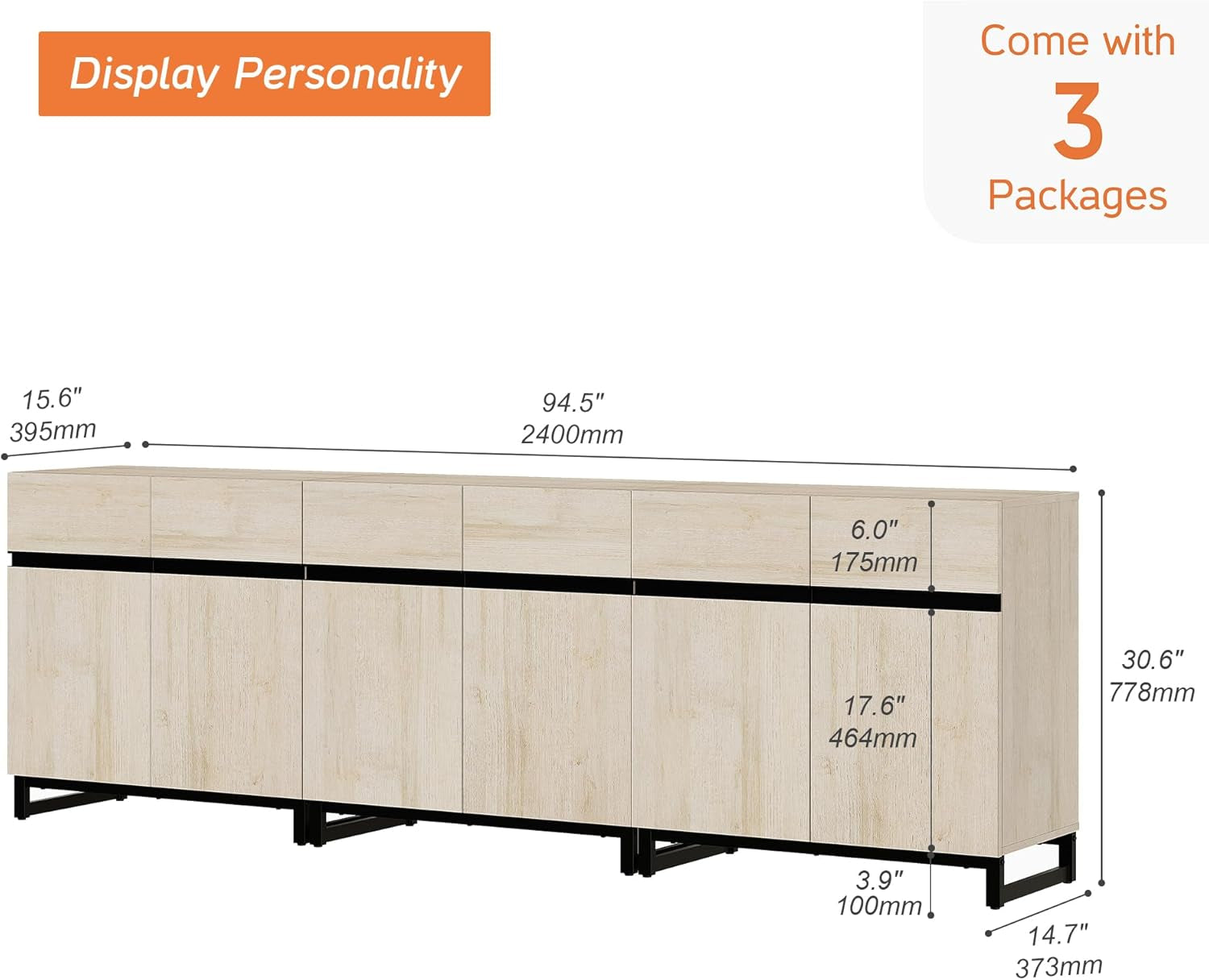 3 in 1 Multifunctional Sideboard Buffet Cabinets, Modern Sideboard with Adjustable Shelf and Metal Base, Coffee Bar Cabinet Storage Cabinet for Living Room,Kitchen,Light Oak-1