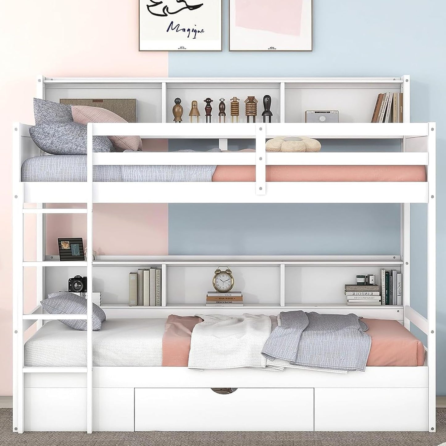 Twin over Twin Bunk Bed with Storage Drawer, Solid Wood Bunk Bed with Built-In Shelves beside Both Upper and down Bed, for Kids Teens Adults (White)-3