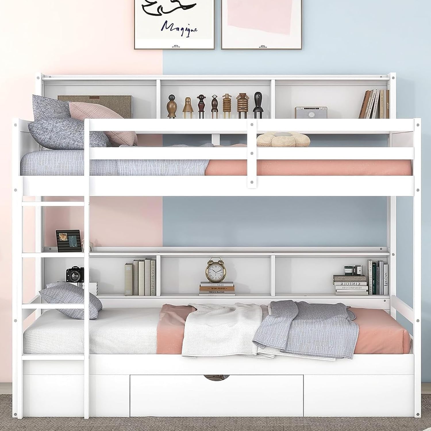 Twin over Twin Bunk Bed with Storage Drawer, Solid Wood Bunk Bed with Built-In Shelves beside Both Upper and down Bed, for Kids Teens Adults (White)-3