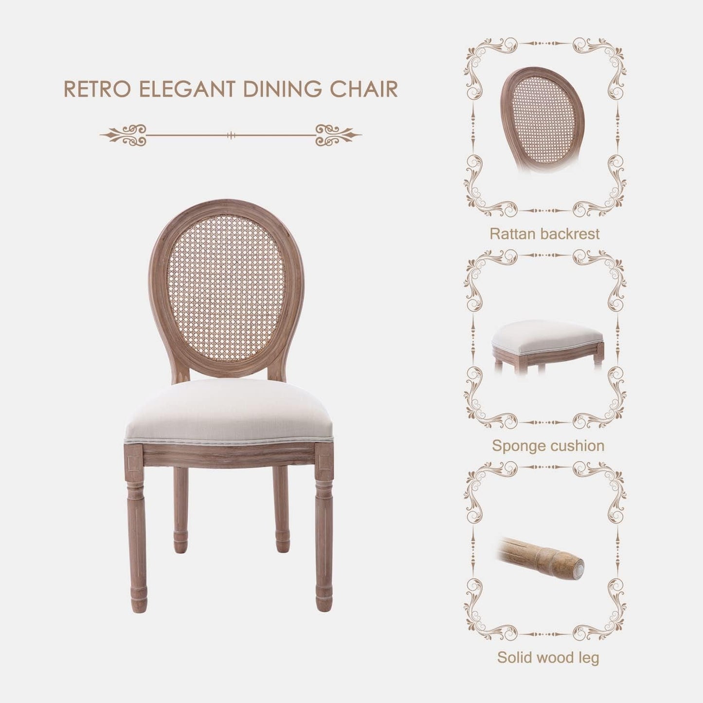 French Country Dining Chairs Set of 6, Vintage Chairs with round Backrest, Mid Century Upholstered Dining Chairs with Solid Wood Leg for Dining Room Bedroom Kitchen Restaurant-3