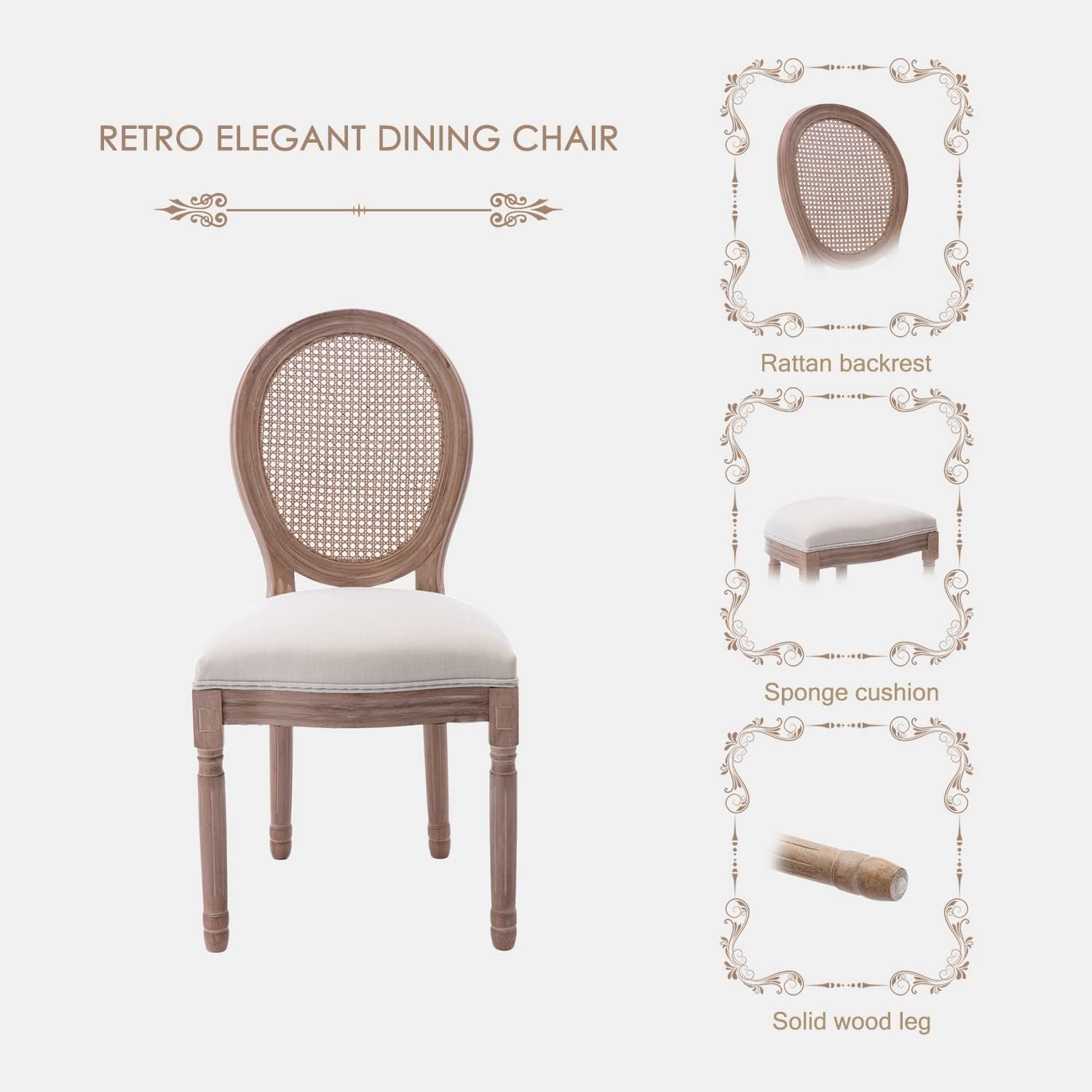 French Country Dining Chairs Set of 6, Vintage Chairs with round Backrest, Mid Century Upholstered Dining Chairs with Solid Wood Leg for Dining Room Bedroom Kitchen Restaurant-3