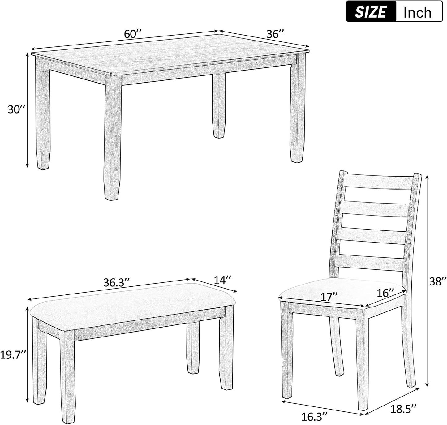 6-Piece Rustic Wooden Dining Table Set with Bench, Brown-3