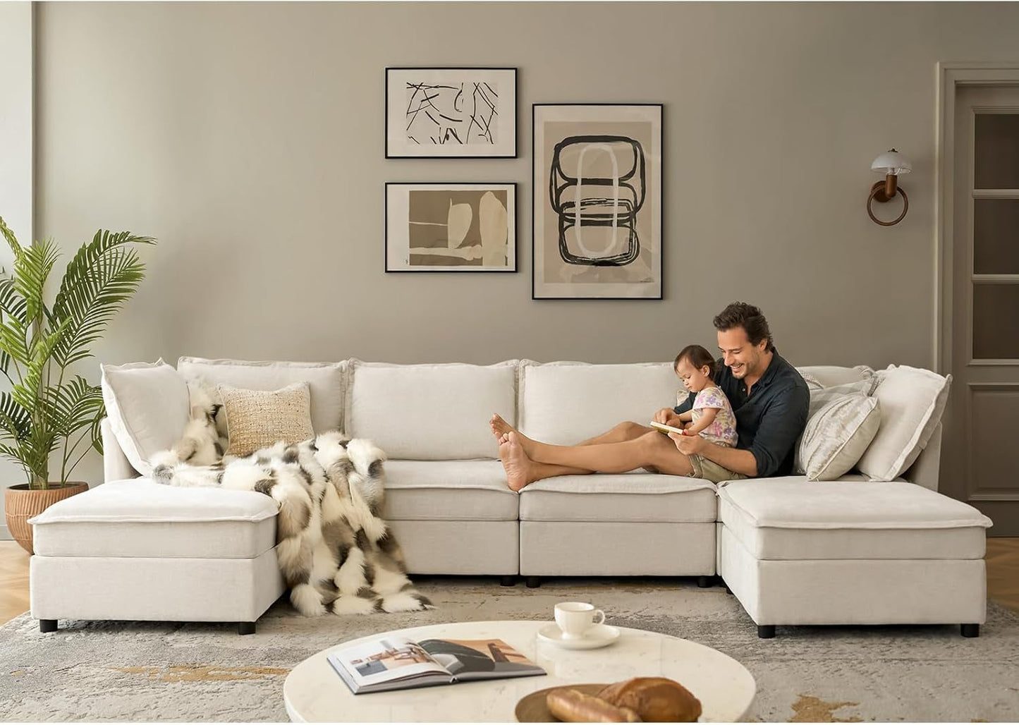 127'' Modular Sectional Sofa, Oversized U Shaped Couch with Storage Ottoman, Extra Deep Seat, Modern Comfy Chenille Sofa with Chaise, 6 Seat Convertible Couches for Living Room, Beige-3