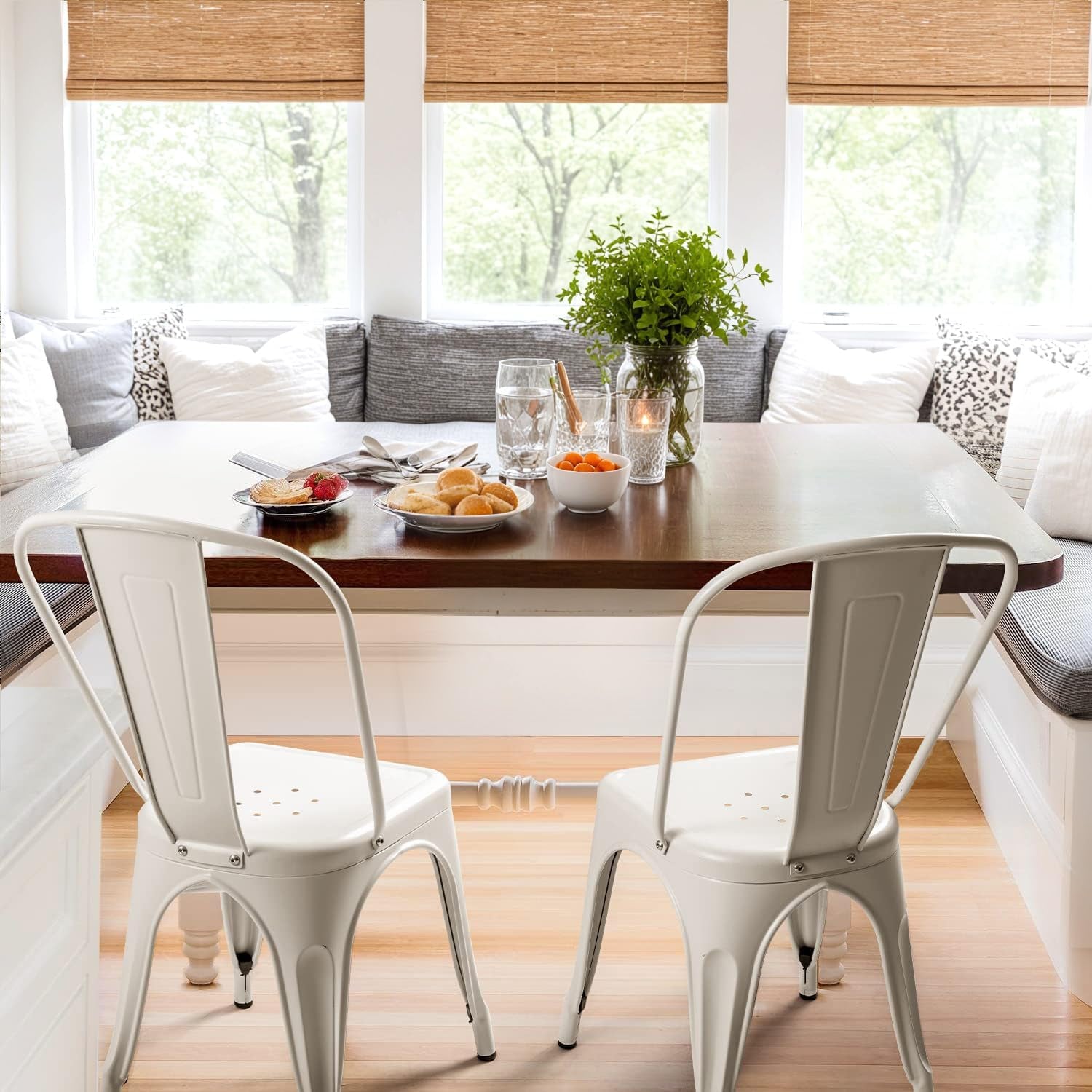 Metal Dining Chair Indoor Outdoor Use Stackable Classic Trattoria Chair Chic Dining Bistro Cafe Side Metal Chairs Set of 4 (Ivory White)-3