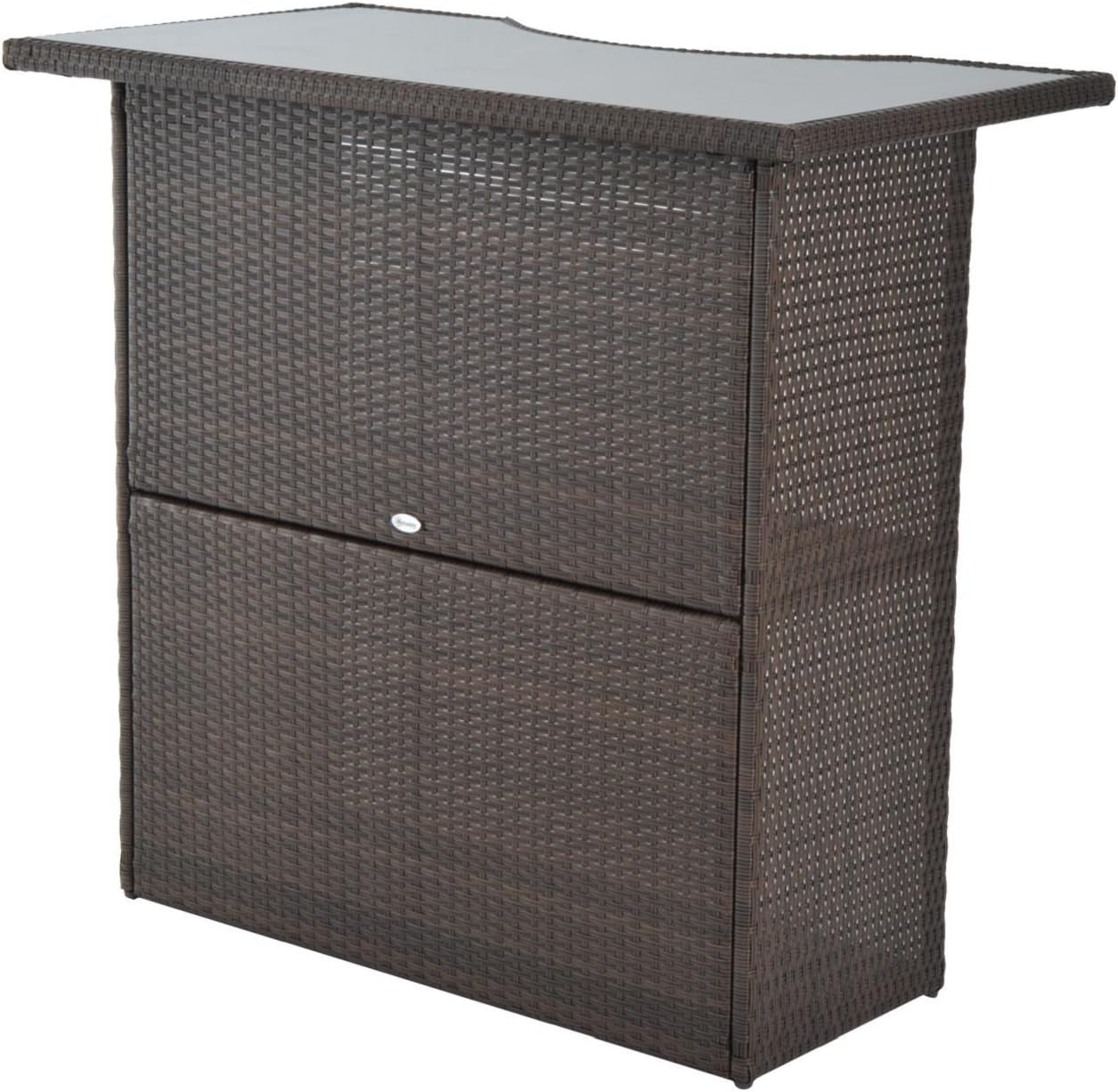 5 Pcs Rattan Wicker Bar Set, High Top Outdoor Table and Chairs, Bar Height Patio Set with Glass Table Top 2 Tier Storage Shelf, and 4 Bar Stools for Garden, Poolside, Dark Brown-3