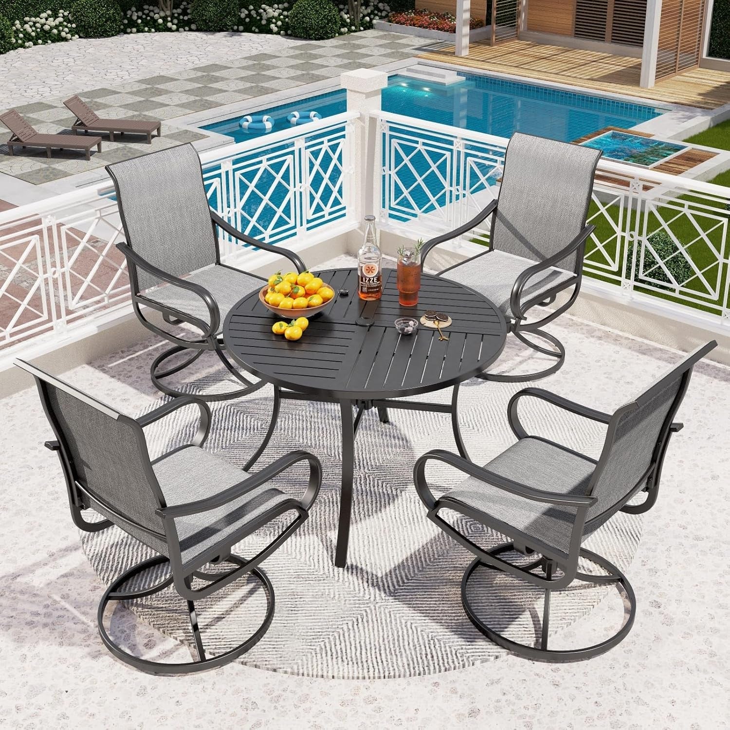 5 Piece Outdoor Patio Dining Set with 4 Swivel Dining Chairs & 1 Large round Dining Table, Gray Textilene Mesh Fabric Chair and round Metal Table for All Weather Deck Lawn Garden-0