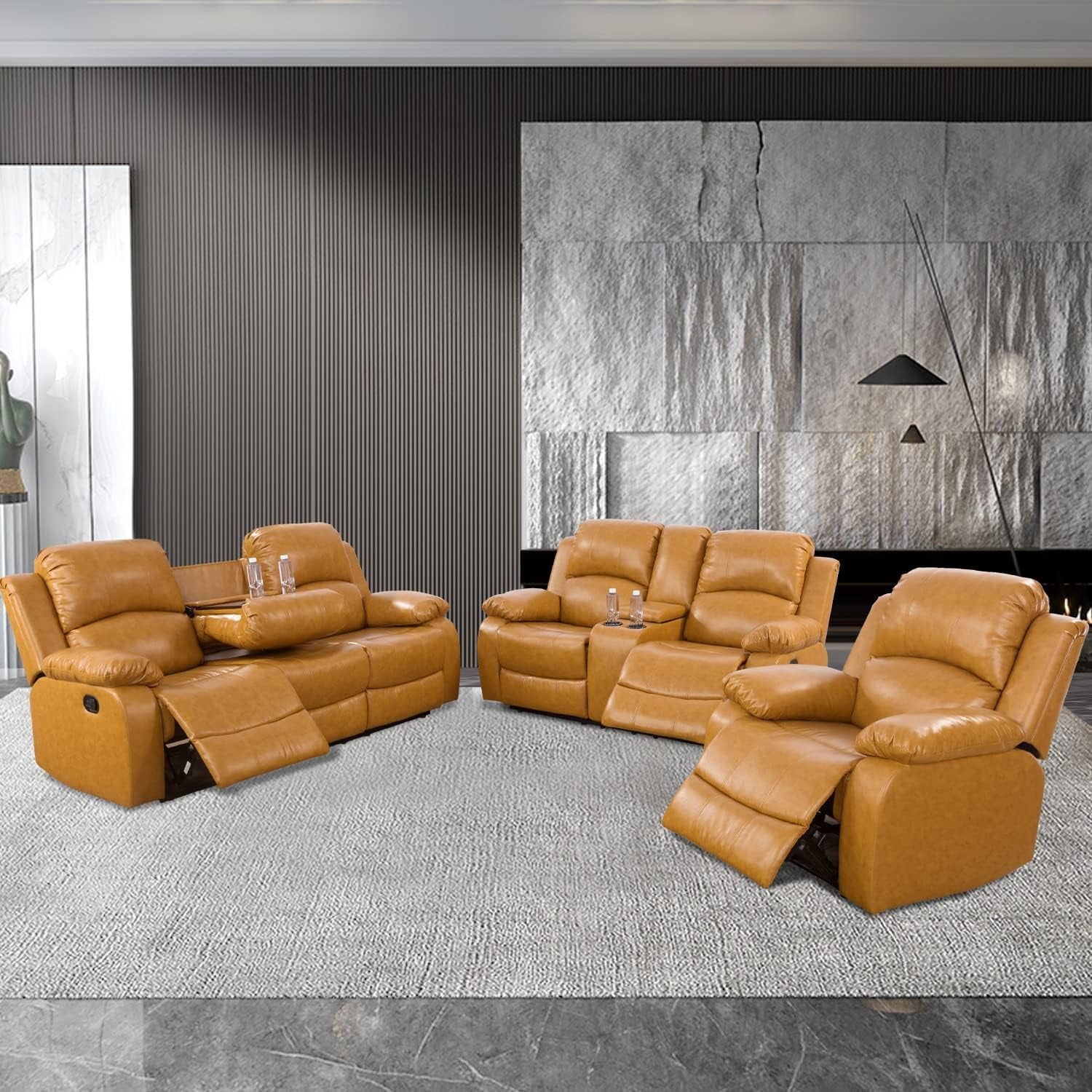 Manual Leather Recliner Sofa Set for Living Room Furniture Set,Leather Recliner Couch Set for Home/Office,Leather Couch Set for 3-Pieces(Sofa+Loveseat+Chair) Ginger, Sofa+Lovsesat+Chair-0