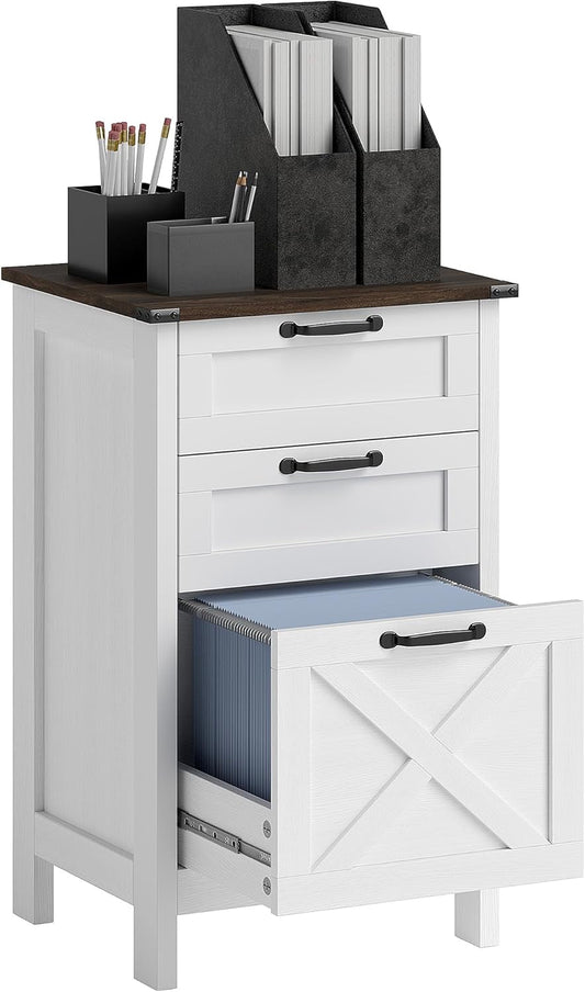 3 Drawer File Cabinet with Silent Slides, Vertical Filing Cabinet for Hanging A4/Letter Size, Rustic Farmhouse Printer Stand with Storage for Home Office, Distressed White-0