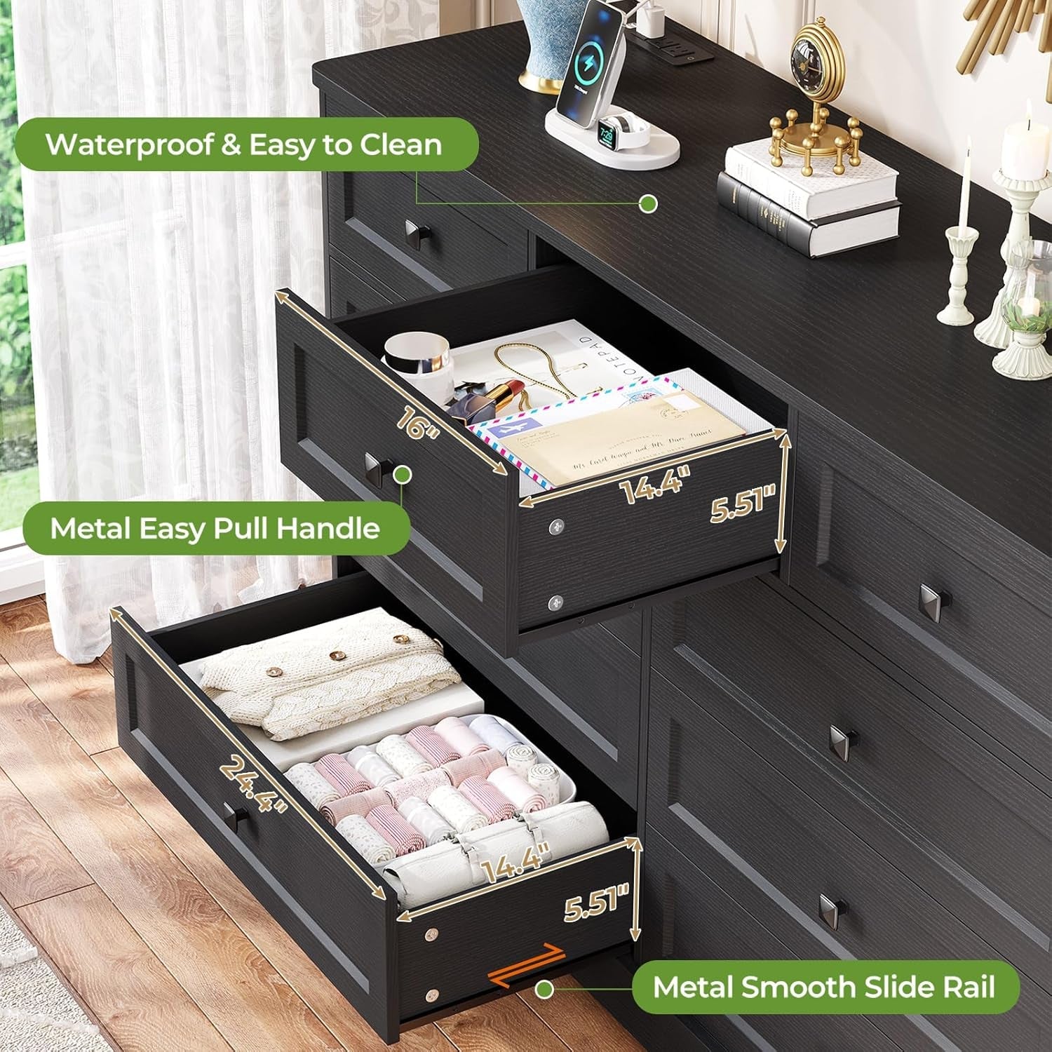 Black Dresser for Bedroom with 9 Drawers, 51.2" Large Drawer Dresser with Charging Station, Wide Farmhouse Dresser Chest of Drawers, Wooden Storage Tower Organizer, Dresser for Bedroom Closet-3