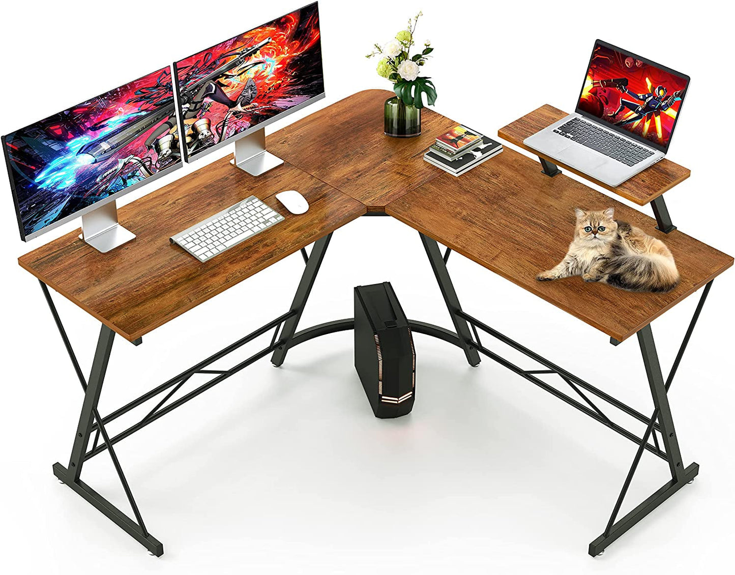 Vintage L-Shaped Gaming Desk with Monitor Stand-0