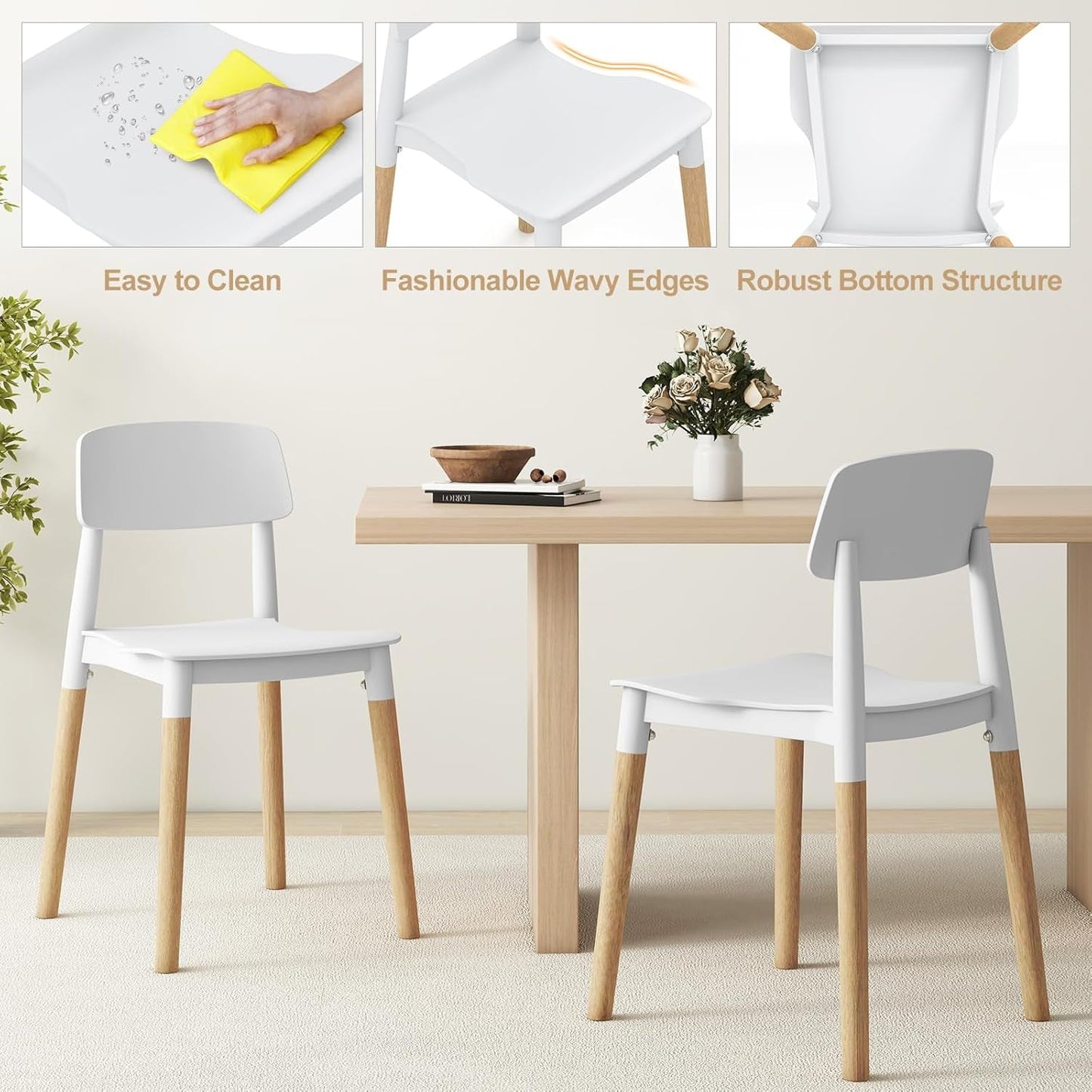 Wooden Dining Chairs Set of 4, Modern Dining Side Chairs Set W/Ergonomic Backrest, Wide Seat & Sturdy Wooden Legs, Armless Kitchen Chairs for Dining Room Living Room Restaurant Cafe (White)-3