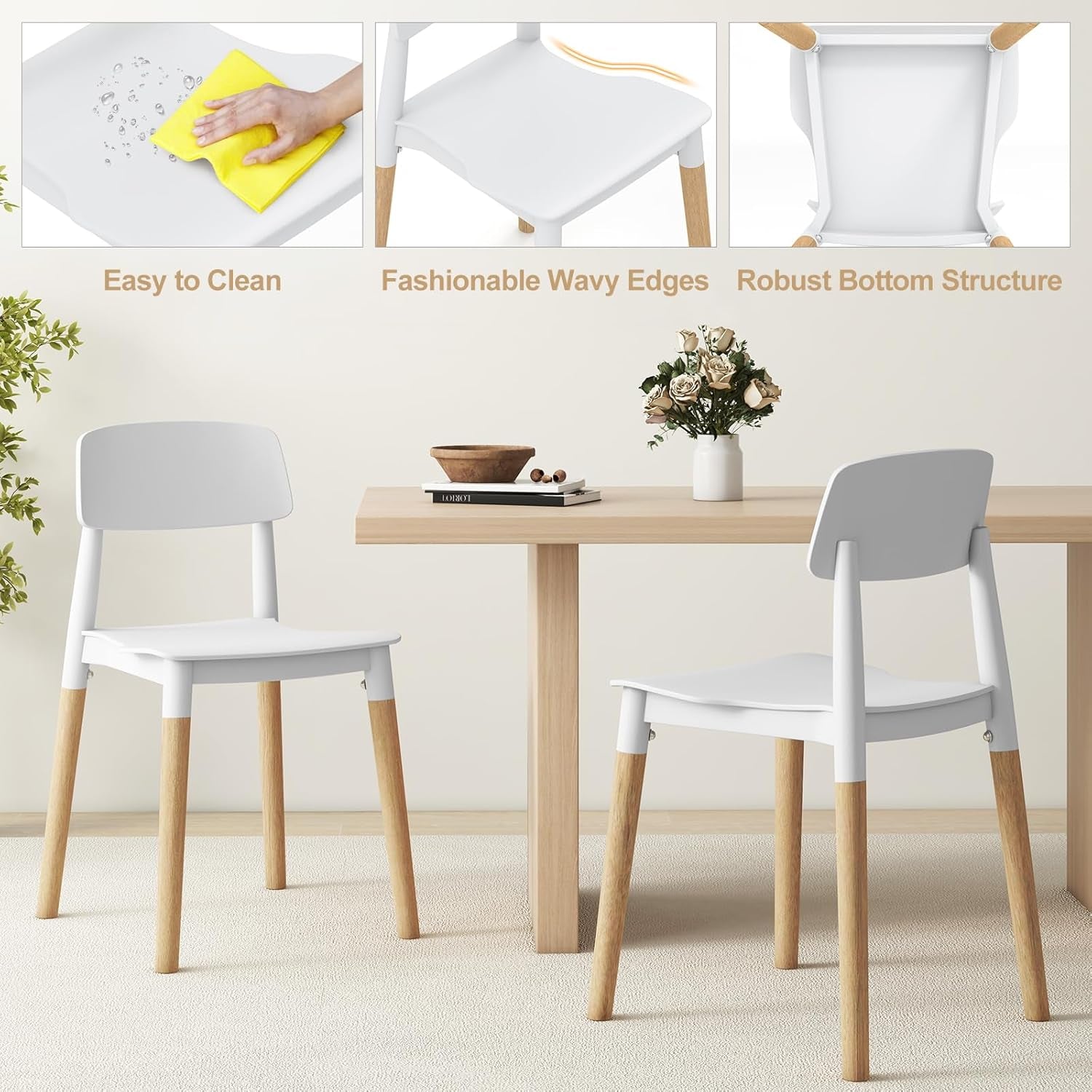 Wooden Dining Chairs Set of 4, Modern Dining Side Chairs Set W/Ergonomic Backrest, Wide Seat & Sturdy Wooden Legs, Armless Kitchen Chairs for Dining Room Living Room Restaurant Cafe (White)-3