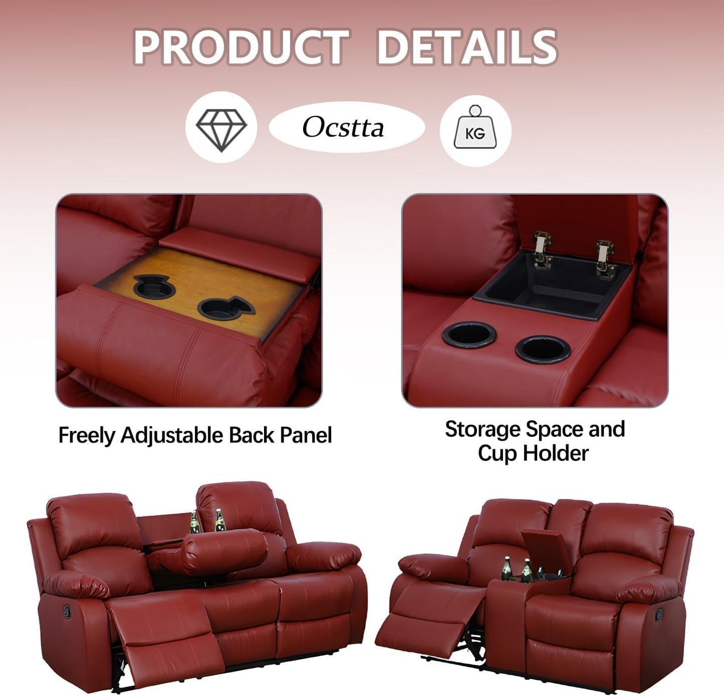 Manual Leather Recliner Sofa Set for Living Room Furniture Set,Leather Recliner Couch Set for Home/Office,Leather Reclining Sofa Set for 3-Pieces(Sofa+Loveseat+Chair) Red-2