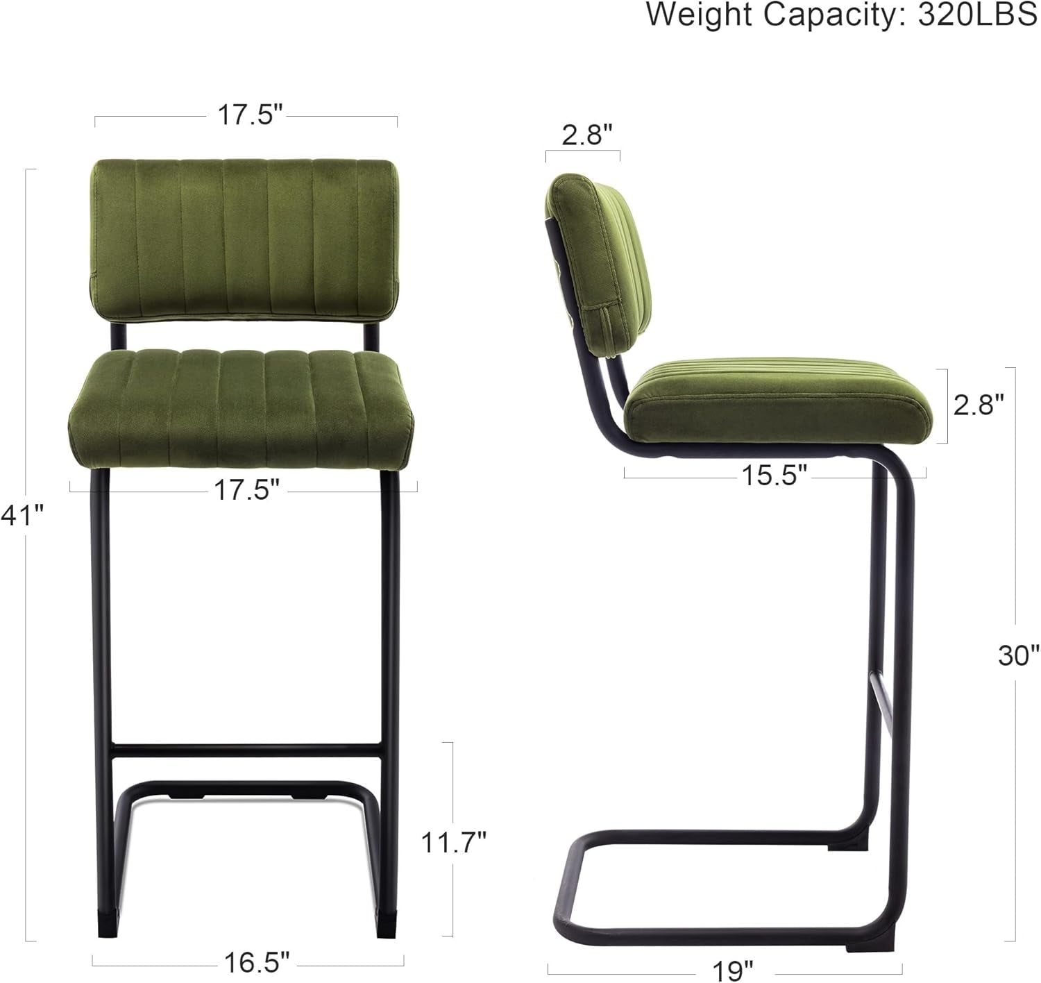 30'' Modern Bar Stools with Tufted Backs, Upholstered Velvet Fabric Bar Height Stools Chairs, Mid Century Cantilever Barstools for Kitchen Island Pub Set of 2-1