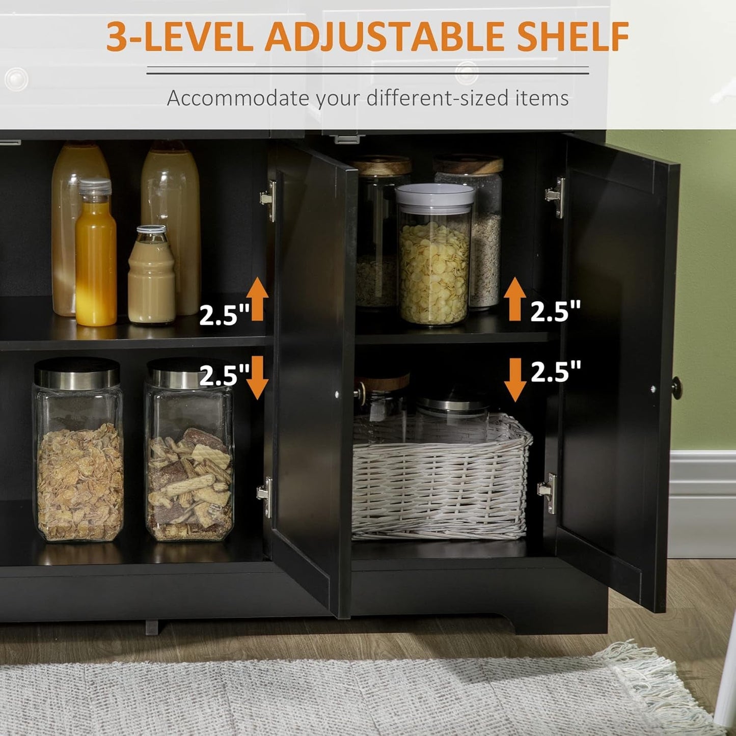 Black Modern Buffet Cabinet with Drawers Adjustable Shelves-4