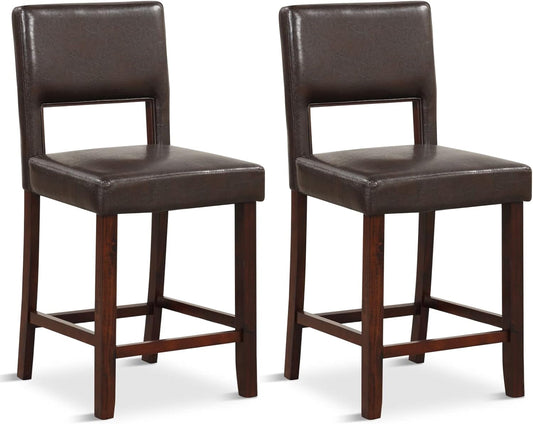 24.5" Counter Height Bar Stools Set of 2, PVC Leather Barstools with Back, Rubber Wood Legs, Max Load 400 Lbs, Modern Upholstered Bar Dining Chairs for Kitchen Island Pub, Brown-0