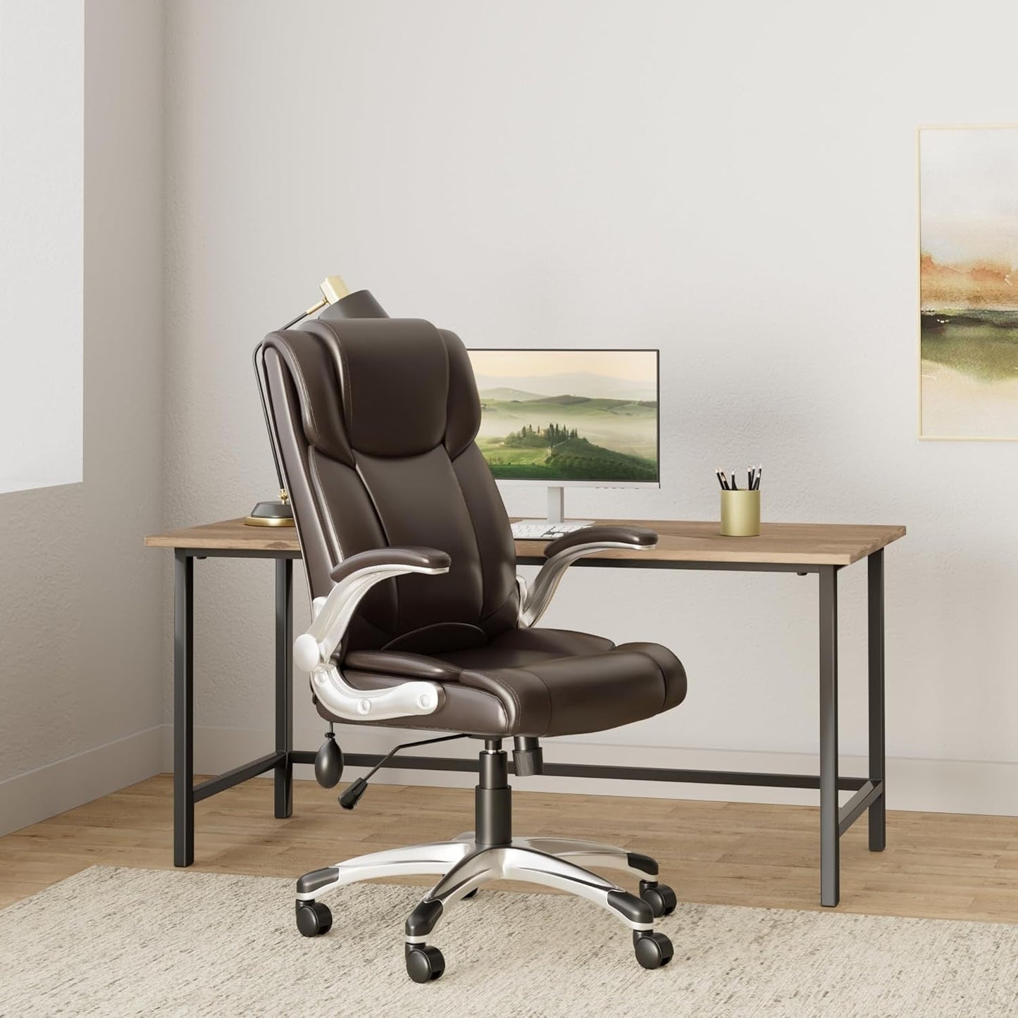 Two Brown Leather Executive Chairs, Adjustable, Rolling-0