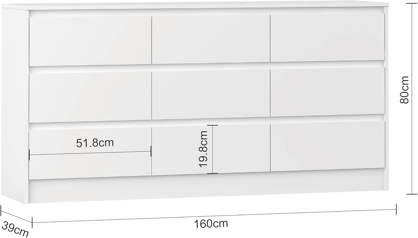 Modern 9 Drawer Wood Dresser for Bedroom, Large Floor Storage Drawer Cabinet Lateral Chest of Drawers Handle Free Organizer for Closet Living Room (White, 9 Drawer)-2