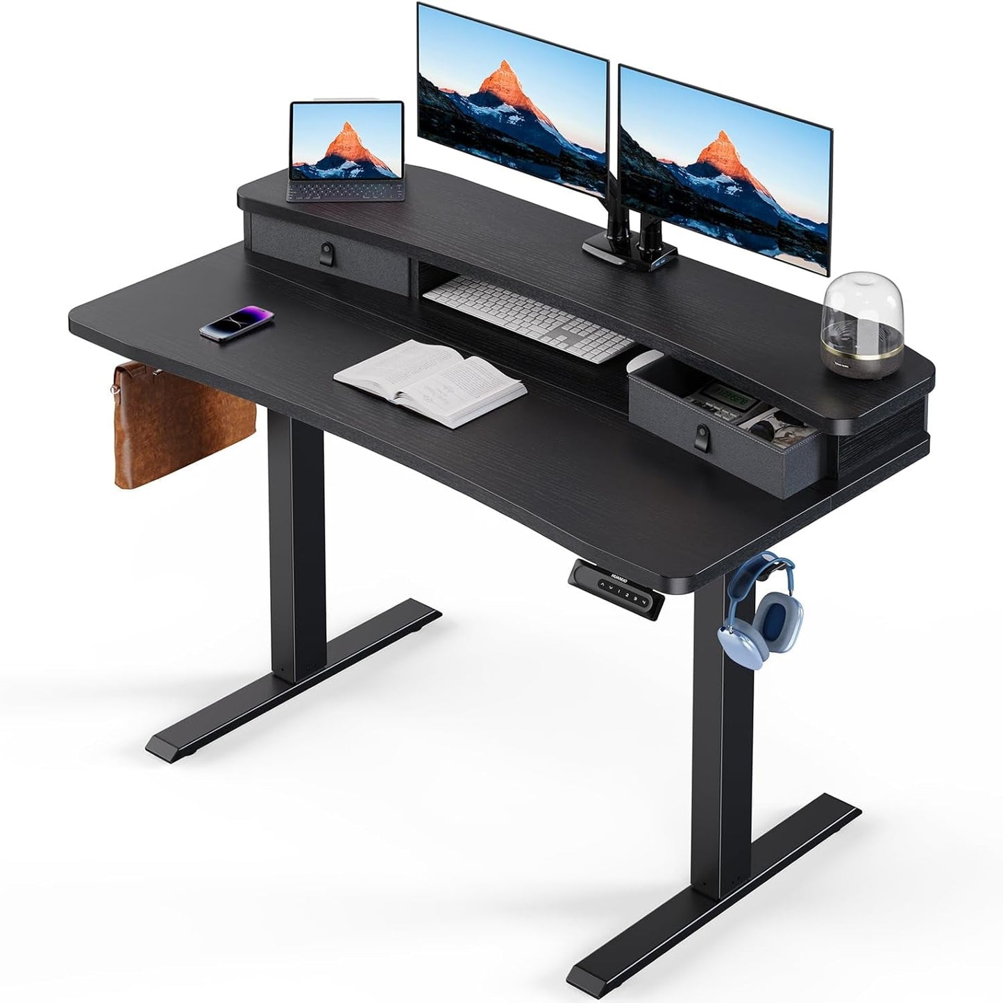 48″ X 24″ Electric Standing Desk with 2 Drawers, C-Clamp Mount Compatible, Height Adjustable Computer Desk, Home Office Stand up Desk with 4 Preset Heights & 2 Hooks, Black-0