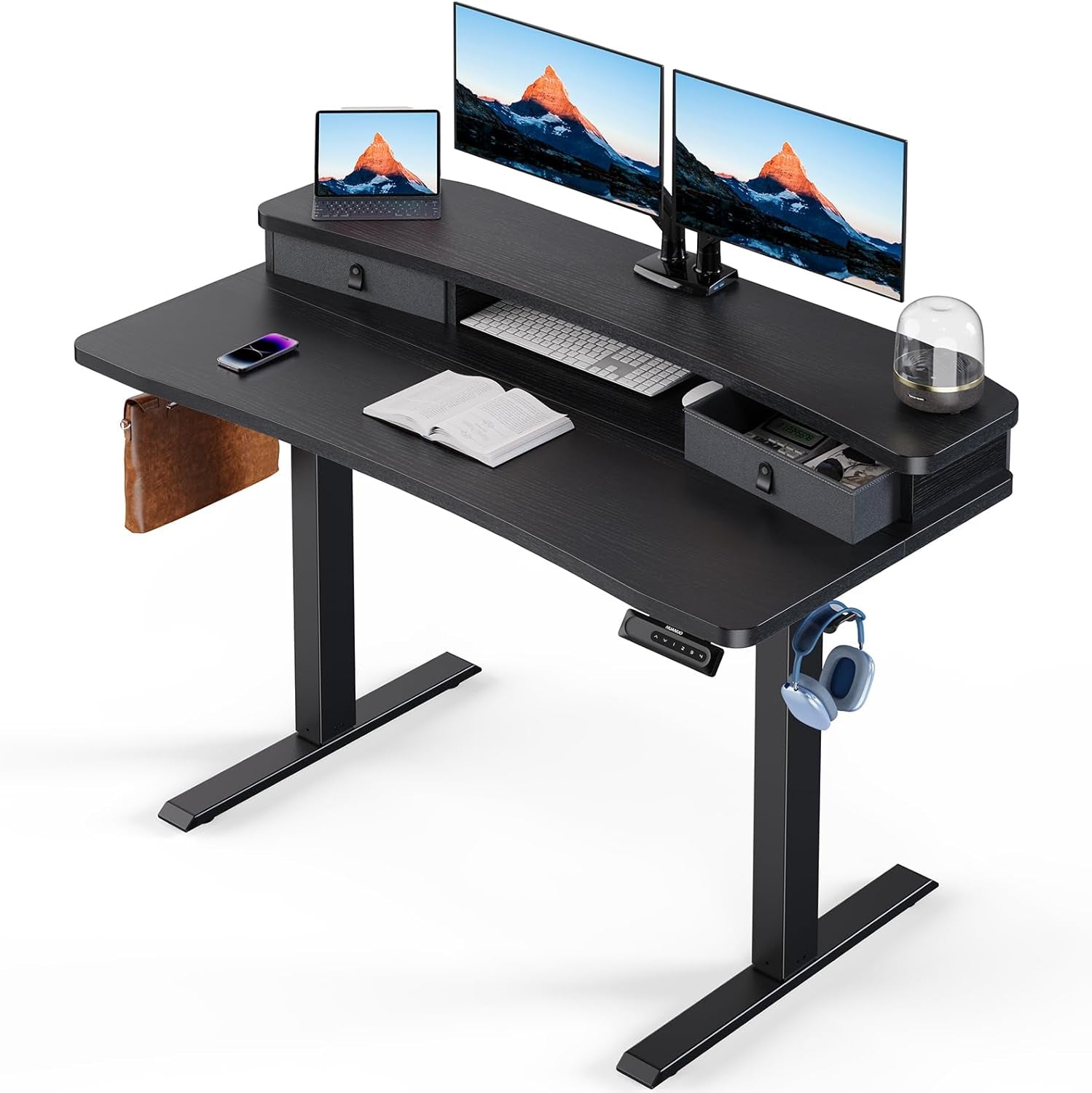 48″ X 24″ Electric Standing Desk with 2 Drawers, C-Clamp Mount Compatible, Height Adjustable Computer Desk, Home Office Stand up Desk with 4 Preset Heights & 2 Hooks, Black-0