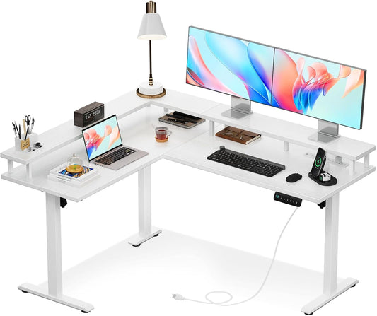 Electric L Shaped Standing Desk, 59 Inch Height Adjustable Stand up Desk with Power Outlets ＆ Full Monitor Stand, Reversible Corner Desk for Home Office ＆ Computer Workstation, White-0