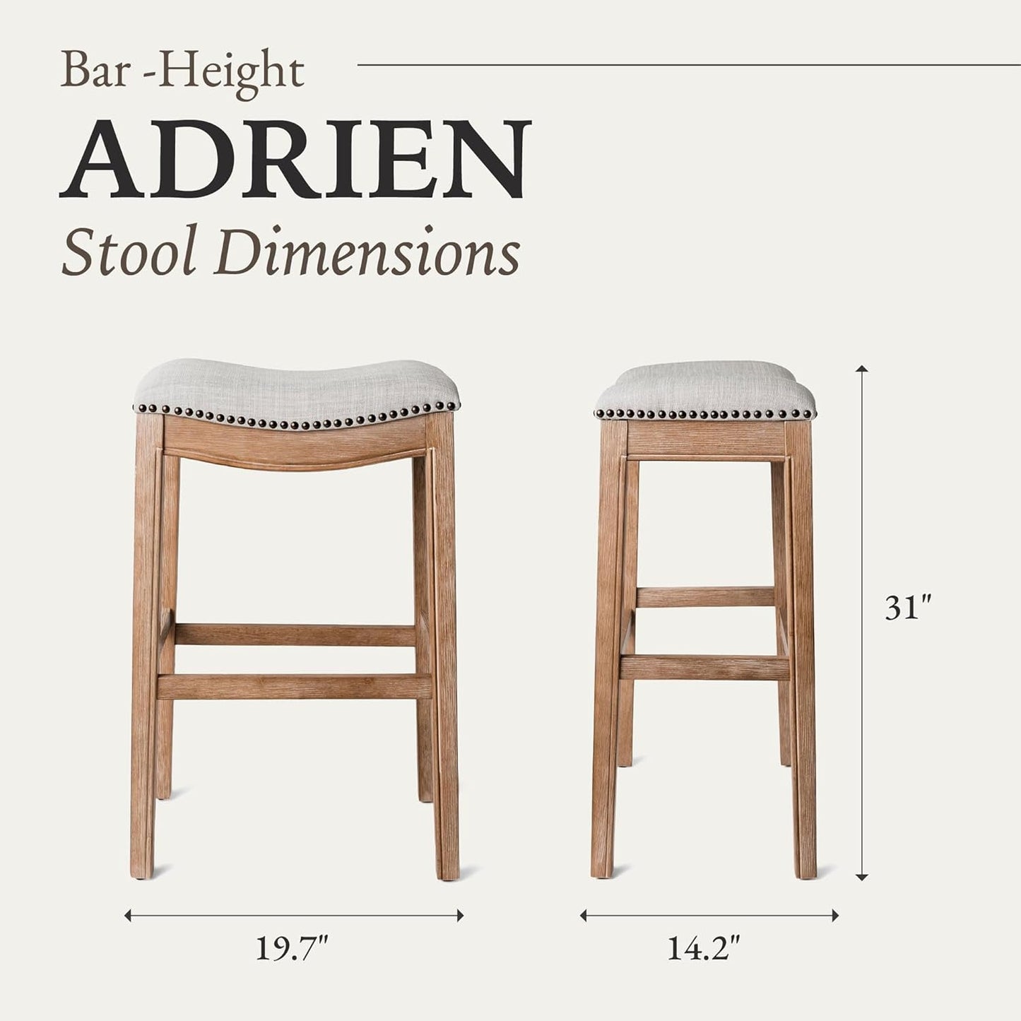 Adrien 31 Inch Bar Height Upholstered Backless Saddle Barstool in Weathered Oak Finish with Sand Color Fabric Cushion Seat, Set of 4-2