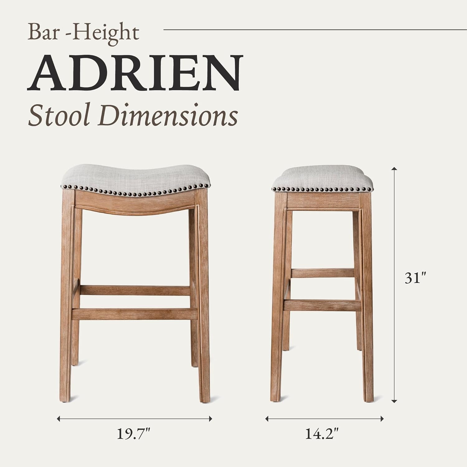 Adrien 31 Inch Bar Height Upholstered Backless Saddle Barstool in Weathered Oak Finish with Sand Color Fabric Cushion Seat, Set of 4-2