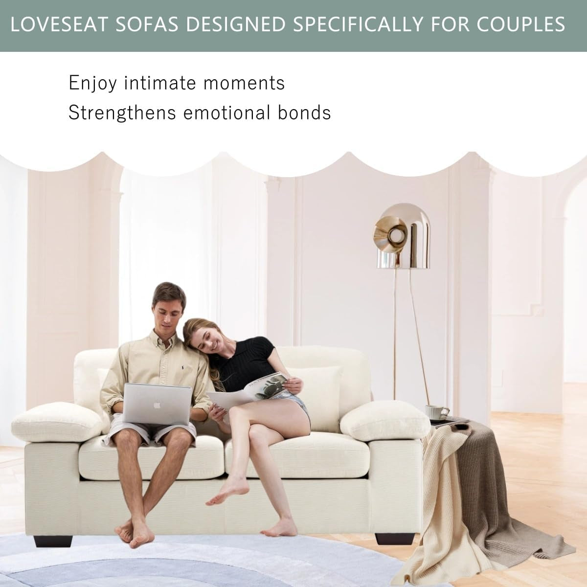 Living Room Loveseat Sofa Couch, 73" Love Seat Couch Sofa, Upholstered Chenille Living Room Sofa with Extra 3 Pillows, Removable Back Cushion-Beige-2