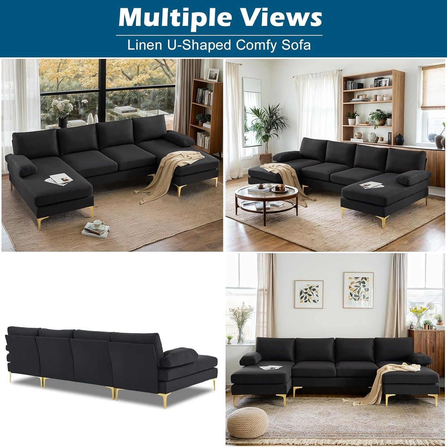 110" Modern U Shaped Sectional Couch with 51"D Double Chaise for Living Room, Black Deep Seat Sectional Sofa Sets with 5.9" Thickness Seating Padding for Home Furniture,Linen Fabric,Metal Legs-3