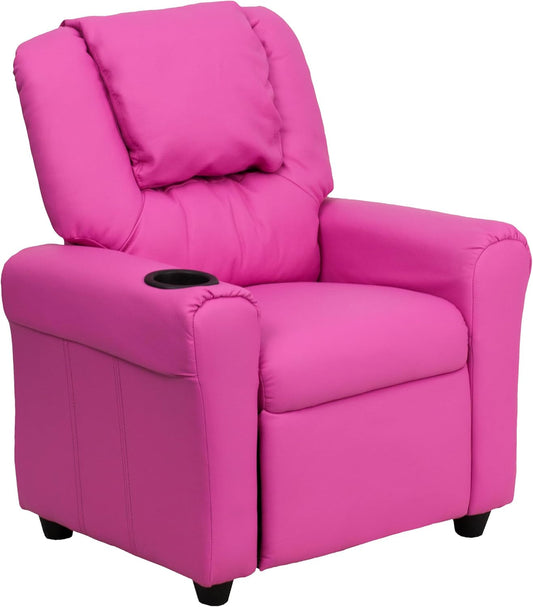 Vana Vinyl Kids Recliner with Cup Holder, Headrest, and Safety Recline, Contemporary Reclining Chair for Kids, Supports up to 90 Lbs., Hot Pink-0