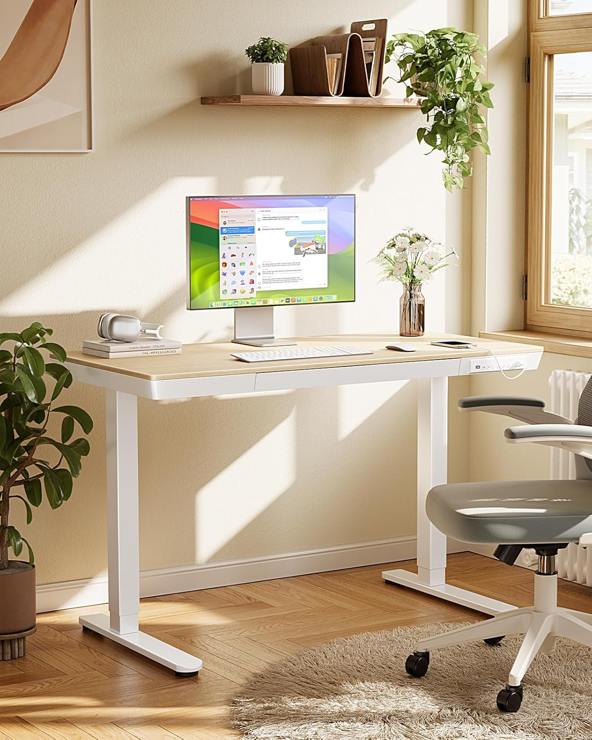 Electric Solid Standing Desk, 48 X 24 Inch Standing Desk with Drawer, Height Adjustable Desk with Tabletop & USB Charging Ports, Sit Stand Desk with Storage for Home & Office Natural-1